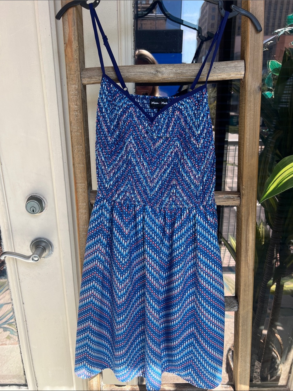 Mason and Mackenzie Chevron-Print Blue Midi Sundress with Spaghetti Straps